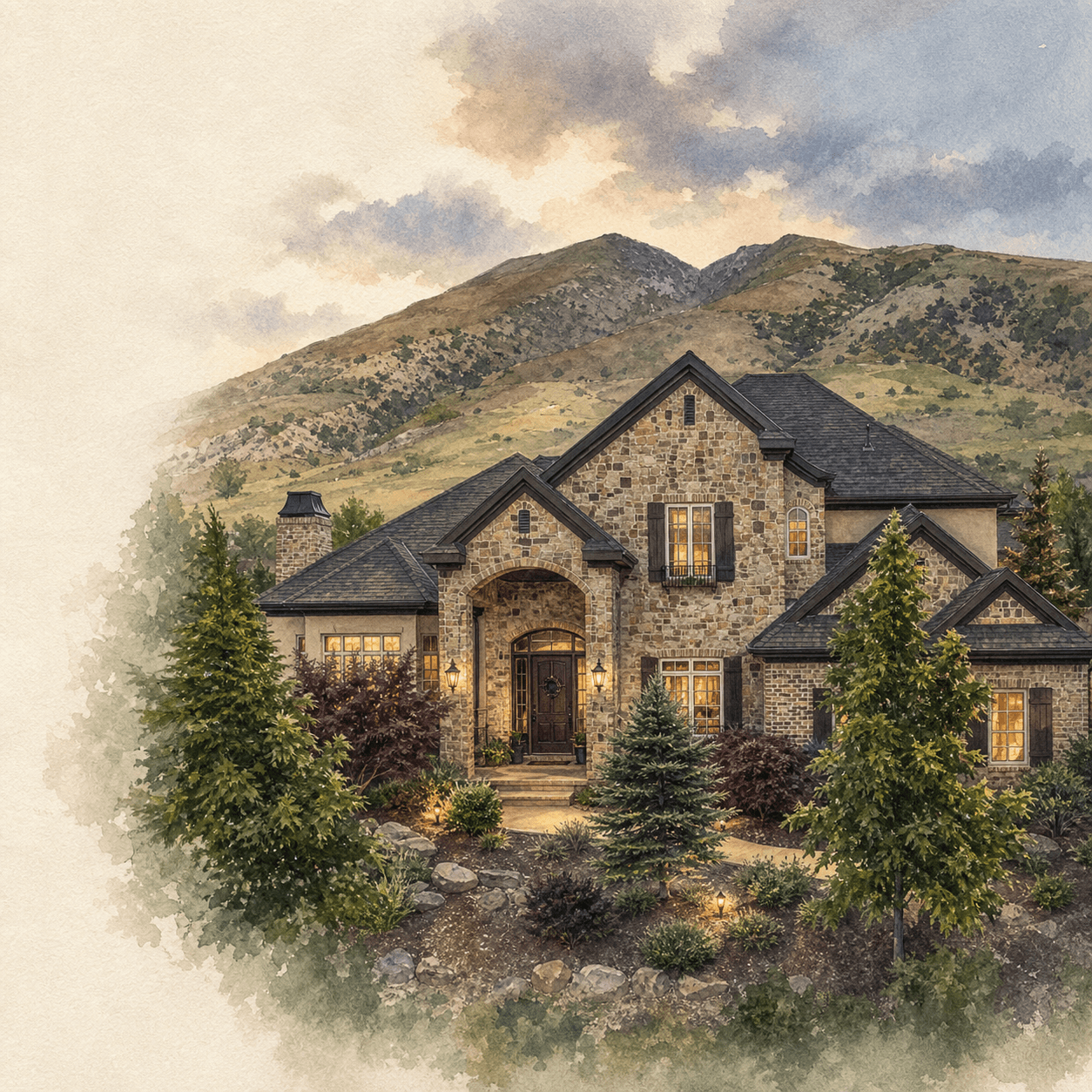 A watercolor portrait of a stone home beneath the Draper foothills at evening.